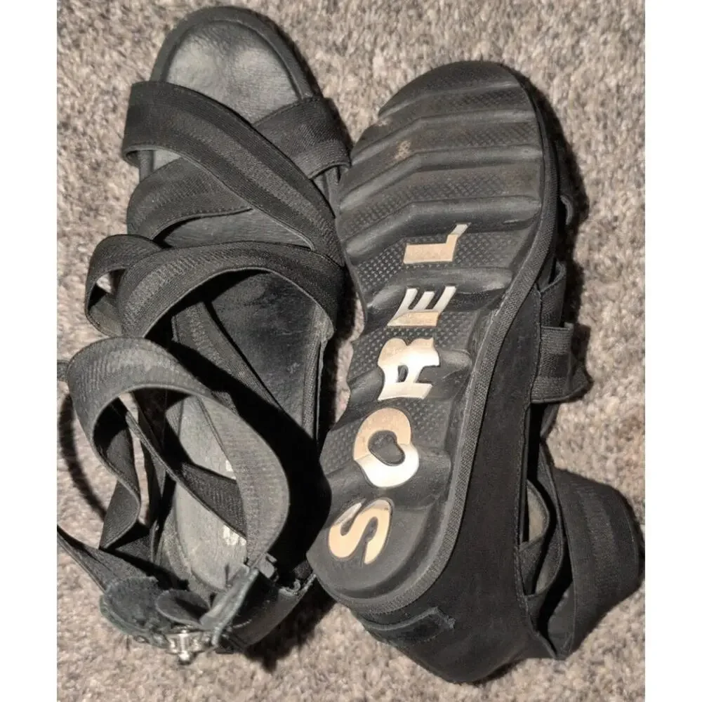 Sorel Joanie™ II Leather Wedge Heeled Sandal Size 9.5 Black EUC - Picture 6 of 6